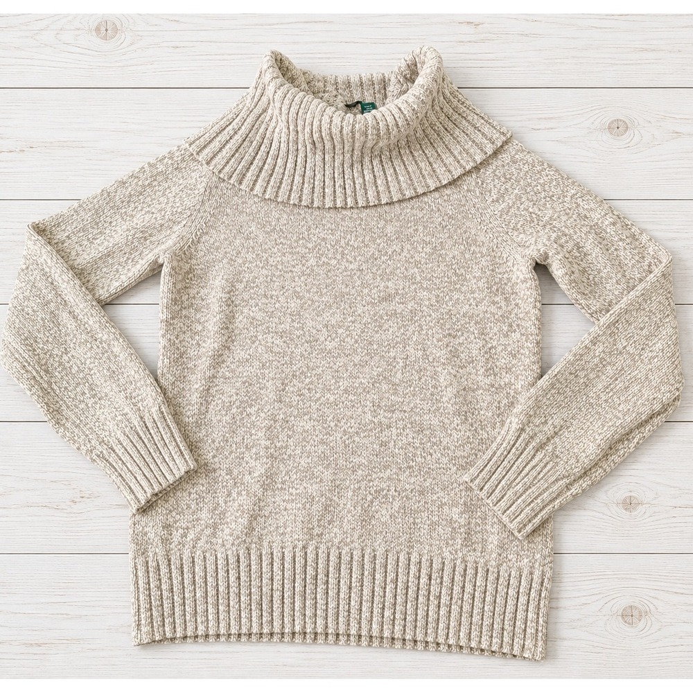 LRL Lauren Ralph Lauren Turtle Neck Sweater Marled Knit Beige Cozy Small 4617
